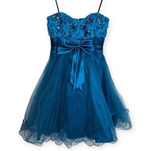 JOSH & JAZZ SZ 7/8 JUNIOR BLUE MINI STRAPLESS FORMAL PROM PAGEANT DRESS GOWN